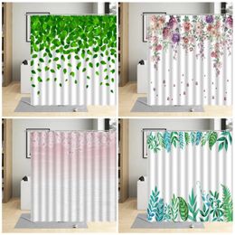 Shower Curtains Spring Flower Green Leaf Plant Butterfly Printing Decor Fabric Bathroom Leaves Curtain Waterproof With Hooks Set