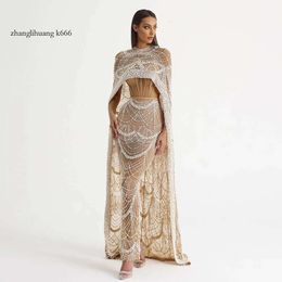 Pearls 2024 Sharon sa Dubai Champagne Evening Dresses With Cape Arabic Women Mermaid Wedding Party Prom Dress SS369 240115