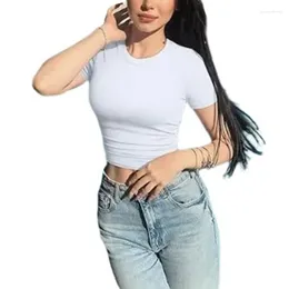 Women's T Shirts Women Summer Short Sleeve Neck Ruched Side Fitted Crop Top Solid Colour Casual Workout Bodycon Basic Stretch Drop