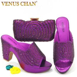 Slippers 2022 Purple African Womens High Heel Rhinestone Wedding Shoes and Bag Set Fashion Party Womens Sandals J240402