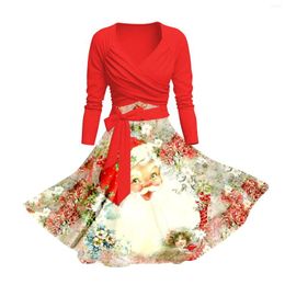 Casual Dresses 2024 Xmas Party Christmas Dress Women Winter Vintage Santa Claus Pattern Folds V Neck Long Sleeve Autumn Female Vestidos