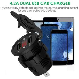 5V 2.1A Waterproof Dual Ports USB Charger Socket Adapter Power Outlet with Voltage Display Voltmeter for 12-24V Car Boat