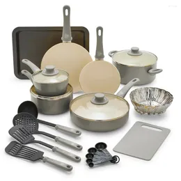 Cookware Sets 18-Piece Soft Grip Toxin-Free Healthy Ceramic Non-Stick Set Gray Dishwasher Safe