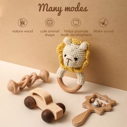 Lets Make 4pcs/set Wooden Rattle Sets Cartoon Animal Crochet Rattle Wood Car Block Soother Teether Set Montessori Toddler Toy 240327