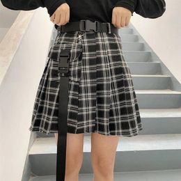Skirts Gothic Punk Harajuku Women Skirt 2024 Spring Casual Plaid High Waist Streetwear Female Fashion Cool Belt Bags Mini