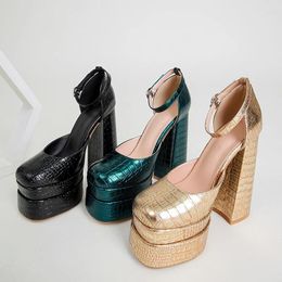 Dress Shoes 2024 Fashion High-Heeled Women Platform Heels Stone Pattern Square Head Hoof Heel Pumps Hollow Modern Sandals Female