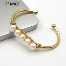 Bangles WTB486 Natural Freshwater Pearl Bracelet pearl wire wrapped bangle Gold Electroplated Bangle Fashion Woman Jewelry