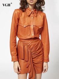 Work Dresses VGH Solid Leather Two Piece Set For Women Lapel Long Sleeve Jacket High Waist Spliced Ruffles Bodycon Skirt Casual Sets Female