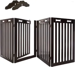 Cat Carriers Freestanding Dog Gate With Door 4 Panel 360° Configurable Wooden Fence 80" Wide 31.5" Tall Foldable Set Of Foot Supporters