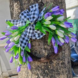 Decorative Flowers Fine Workmanship Wreath Spring Plaid Bowknot Door With Artificial For Home Decor Garden Hanging Bedroom Ornament