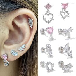 Stud Earrings Geometric Pink Zircon Bow Heart Key Screw Puncture Earring For Women Fashion Jewelry Cute Accessories