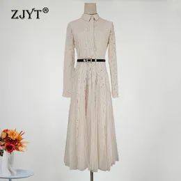 Casual Dresses ZJYT Long Sleeve Lace For Women Spring Fashion Mesh Patchwork Midi Dress Elegant Vintage Party Vestidos Black