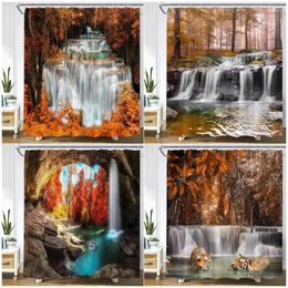 Shower Curtains Autumn Waterfall Landscape Forest Maple Red Leaves Plant Wild Tiger Fall Nature Scenery Cloth Bathroom Decor Set