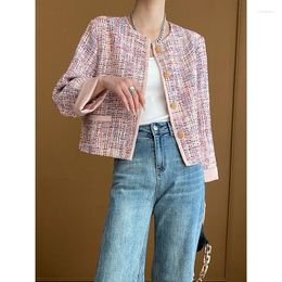 Women's Jackets Women Pink Tweed Small Fragrance Jacket Spring Round Neck Stitching Fashion Casual Loose Korea Chic Long Sleeve Basic Coat