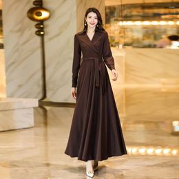 Casual Dresses Women Spring Autumn Coffee Long Dress Fashion Suit Collar Sleeve Slim Elegant Flowing Overlength
