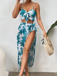 Women's Swimwear 2024 Sexy Leaf Print Three Pieces Bikini Set Ruffle Women And Beach Sarong Bathing Suit Beachwear Swimming Bathers