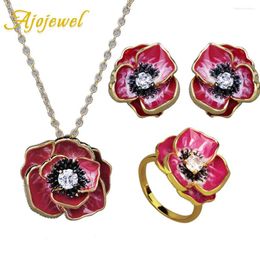 Necklace Earrings Set Ajojewel Women's Golden Red Flower Jewelry Enamel Painting Statement Ring Zircon Ear Studs Gift