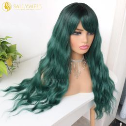 Wigs Long Wavy Green Wig With Bangs Heat Resistant Synthetic Fibre Ombre Dark Green Wig Dark Roots Loose Curly Wave Wig