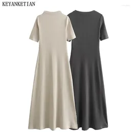 Party Dresses KEYANKETIAN Women's Soft Touch Pit Stripe Knitted Dress Fashion Simply Mock Neck Short Sleeve Slim A Line Ankle MIDI Skirt