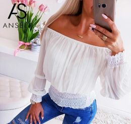 Off The Shoulder Blouse Womens Blouses Shirt Pleated Slash Neck Long Sleeves Elastic Bottom Loose Boho Tops Female White Tunics Wo8988725