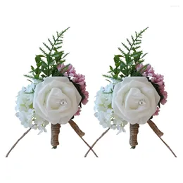 Decorative Flowers 2pcs Artificial Brooch Wedding Rose Boutonniere Pin For Groom Bridesmaid Business Meeting Decoration ( White )