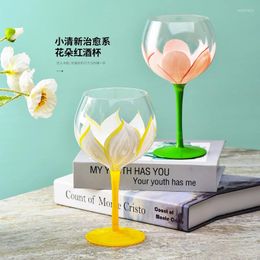 Wine Glasses 1pcs Hand Drawn Flower Patterned Glass Tall Cup Small Fresh Coloured Crystal Household High-end High Legged Cups