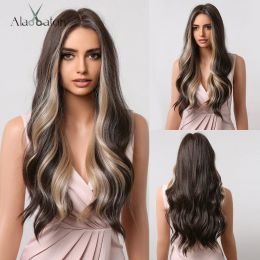 Wigs ALAN EATON Dark Brown with Blonde Highlights Synthetic Wigs for Women Afro Hair Long Body Wave Natural Middle Part Cosplay Wig