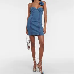 Casual Dresses Womens Summer 2024 3D Flower Decoration Long Pure Cotton Denim Mini Skirt Sexy Revealing Backpack Hip