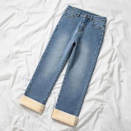 Women's Jeans Plus Velvet Warm Straight Autumn Winter Streetwear Ankle Pencil Denim Pants Casual Thick Fleece Bleached Vaqueros Women