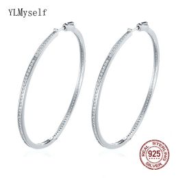 Earrings 59mm/65mm/69mm Real Sterling Silver Large Hoop Earring Pave Full Zircon Stones Circle Round Fine Jewelry 925 Jewellery For Women