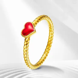 Cluster Rings 1PCS Pure 999 24K Yellow Gold Ring For Women 5D Light Red Paint Loving Heart Twist Carved Band US Size 5-9