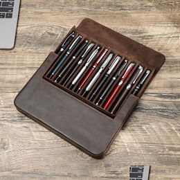 Pencil Bags Wholesale Luxury Genuine Leather 12 Slots Fountain Pen Case Box Office School Stationery Storage Pouch Holder With Removab Dhl78