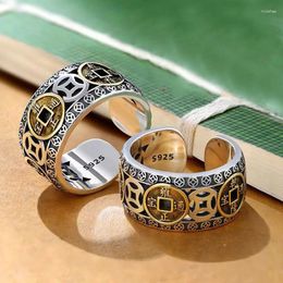 Cluster Rings Retro Chinese Coins Ring Fortune Hollow Copper Wide Male Punk Finger Circle Hip-hop Man Cowboy Ethnic Lucky Jewellery Gift