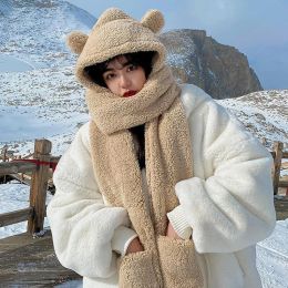 Cute Bear Ear Hat Scarf Gloves Set Winter Women Beanies Caps Warm Casual Plush Hats Casual Solid Fleece Girl Kawaii Present
