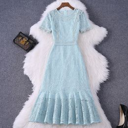 2024 Summer Round Neck Short Sleeve Sky Blue Lace Dresses Fishtail skirt Elegance Dresses Casual Dresses