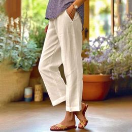 Women's Pants 2024 Summer Casual Cotton Linen Women Elastic Waist Solid Color Pockets Retro Loose Harem Trousers Bottoms