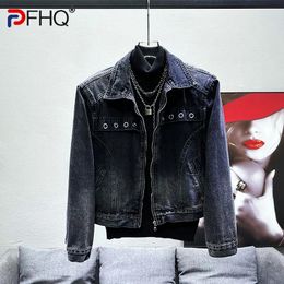 Men's Jackets PFHQ Shoulder Pad Denim Washed Loose Personalized Handsome Wearproof Zippers Chic Autumn Metal Circle Coat 21Z3214