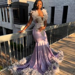 Lilac Purple Sparkly African Evening Ceremony Dresses for Black Girl Luxury Feather Diamond Crystal Prom Gala Birthday Dress