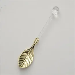 Coffee Scoops Ice Cream Spoon Acrylic Crystal Leaf Head Leaves Carved Dessert Table Decoration Mixing Zinc Alloy