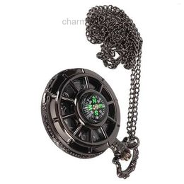 Wristwatches Quartz Pocket Watch Men Black Hollow Out Dial Compass Vintage Accurate Time Alloy With Chain For Outdoors