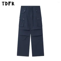 Men's Pants Pocket Solid Colour Cargo Mens Streetwear Drawstring Elastic Waist Loose Straight Wide Leg Jogger Men Trousers