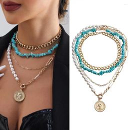 Pendant Necklaces Imitation Pearl Necklace Bohemian Set Boho Layered Turquoise Beaded With Paperclip For Women