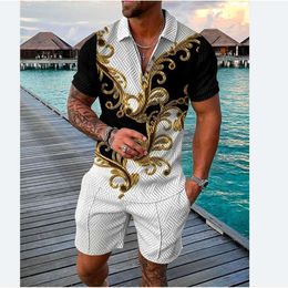 Summer Fashion Lapel Zipper Polo Shirt Shorts Set Large Mens Casual 3D Printing Sports Two piece Suit