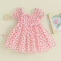 Fashion Summer Children Kids Girls Valentines Day Dresses Princess Heart Print Mesh Ruched Short Sleeve Tulle Party Dress 240326