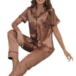 Home Clothing Satin Sleep Set Women's Summer Pyjama With Silky Heart Embroidery Elastic Waist Wide Leg Pants 2 Piece Homewear Sleepwear