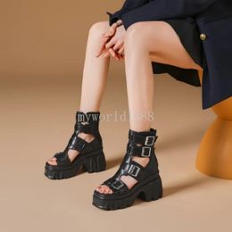 High Heels Sandals Woman Gladiator Open Toe Sexy Black Belt Buckle Punk Heel Platform Shoes Summer Back Zip Women Summer Boots