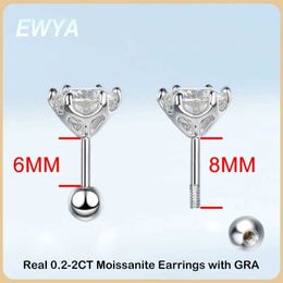 Stud EWYA 925 Sterling Silver 0.2-2ct D VVS1 6-Fork Diamond with GRA Moisite Screw Stud Earrings Suitable for Womens Wedding Exquisite Jewellery Q240402