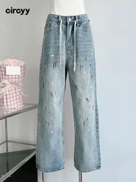 Women's Jeans Circyy Baggy Women Drawstring High Waisted Denim Fashion Washed Full Length Trousers Streetwear Office Ladies Straight Y2K