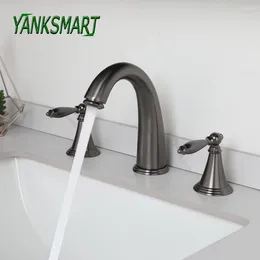 Bathroom Sink Faucets YANKSMART Faucet Gun Grey Deck Mounted Dual Handles Control With Stream Outlet And Cold Mixer Water Tap Combo Kit