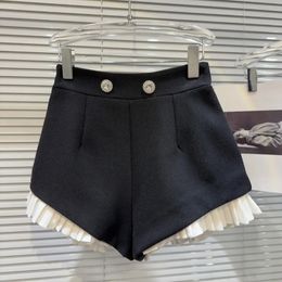 PREPOMP Spring Arrival Rhinestone Metal Buttons Ruched Ruffles Black Shorts Women GP217 240402